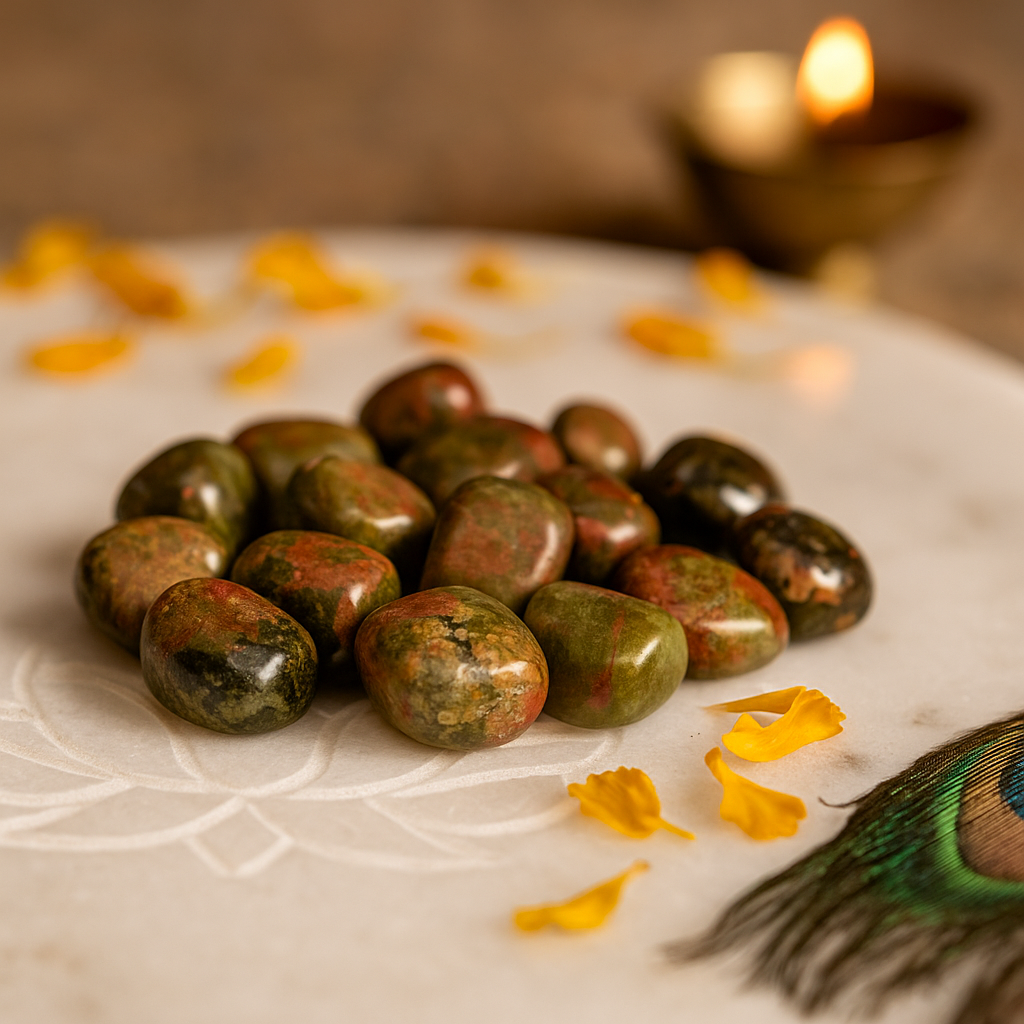 Angled view of unakite tumbled stones on a white plate with marigold petals and a peacock feather