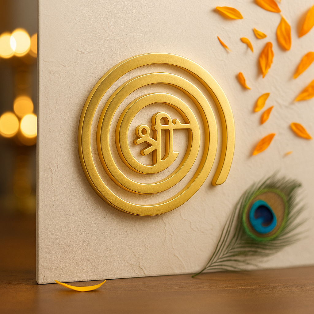 Brass Shree spiral helix shown upright with a peacock feather
