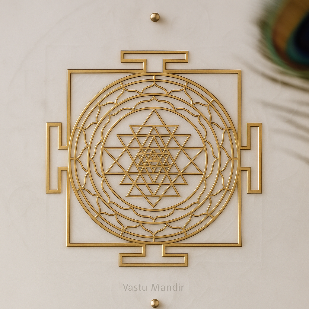 Brass Shri Yantra plate mounted on a white marble square with brass corner studs