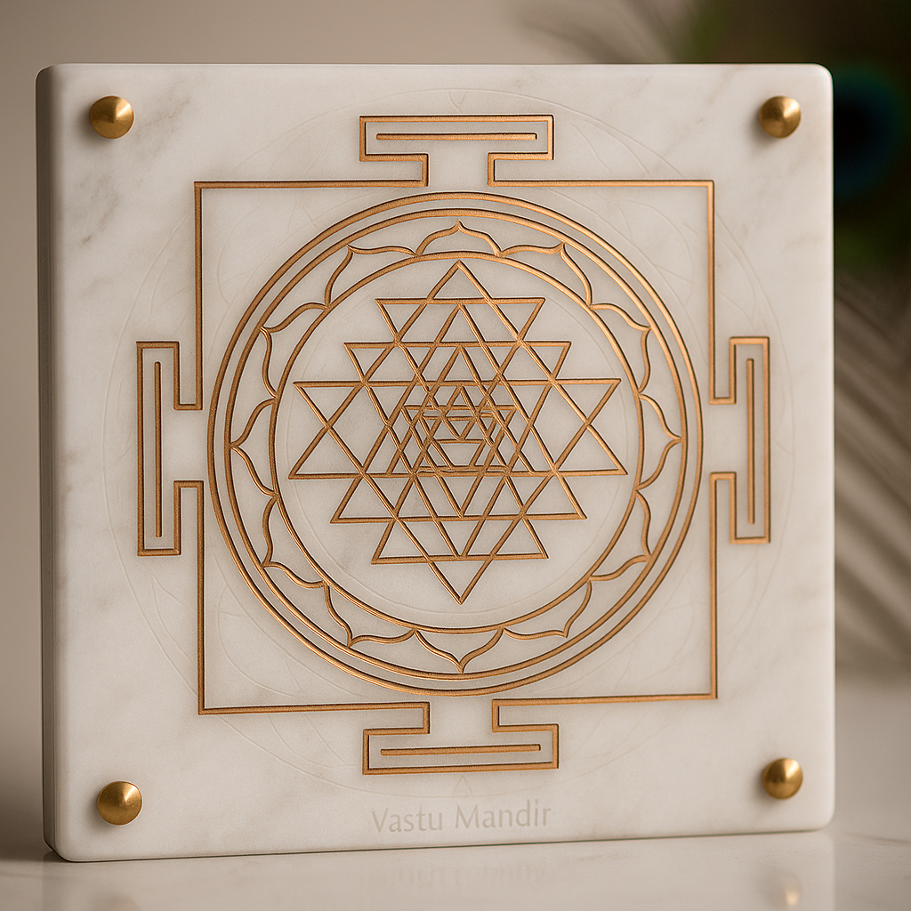 copper Shri Yantra plate alternate front view on a pale marble square