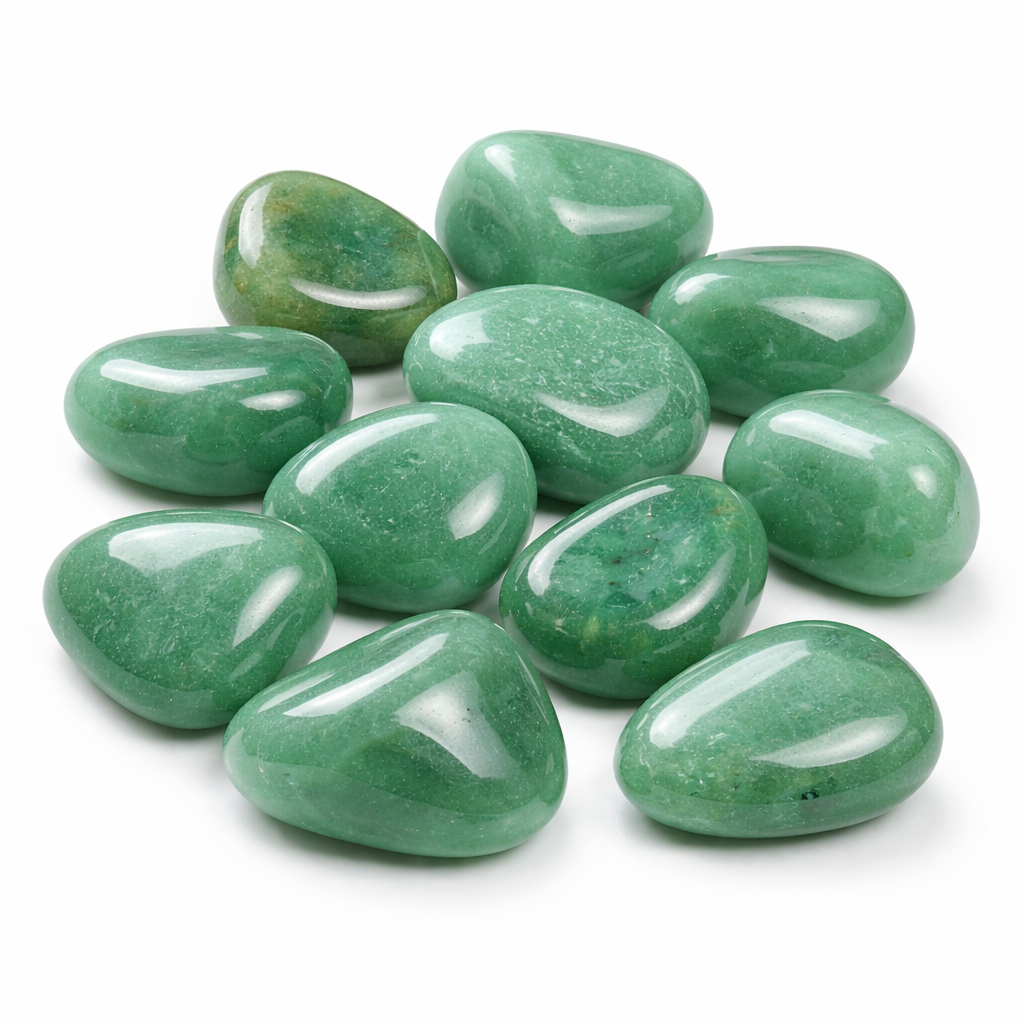 Deep green aventurine tumbled stones grouped on a clean white background