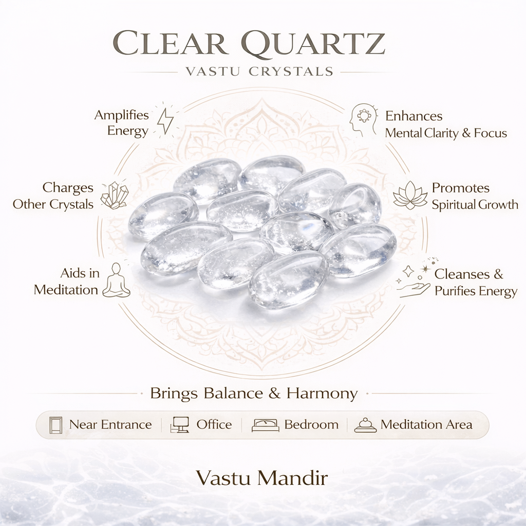 Clear quartz tumbled stones infographic listing visible product features and suggested placement