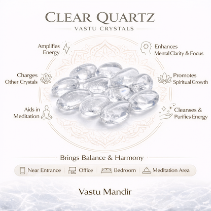 Clear quartz tumbled stones infographic listing visible product features and suggested placement
