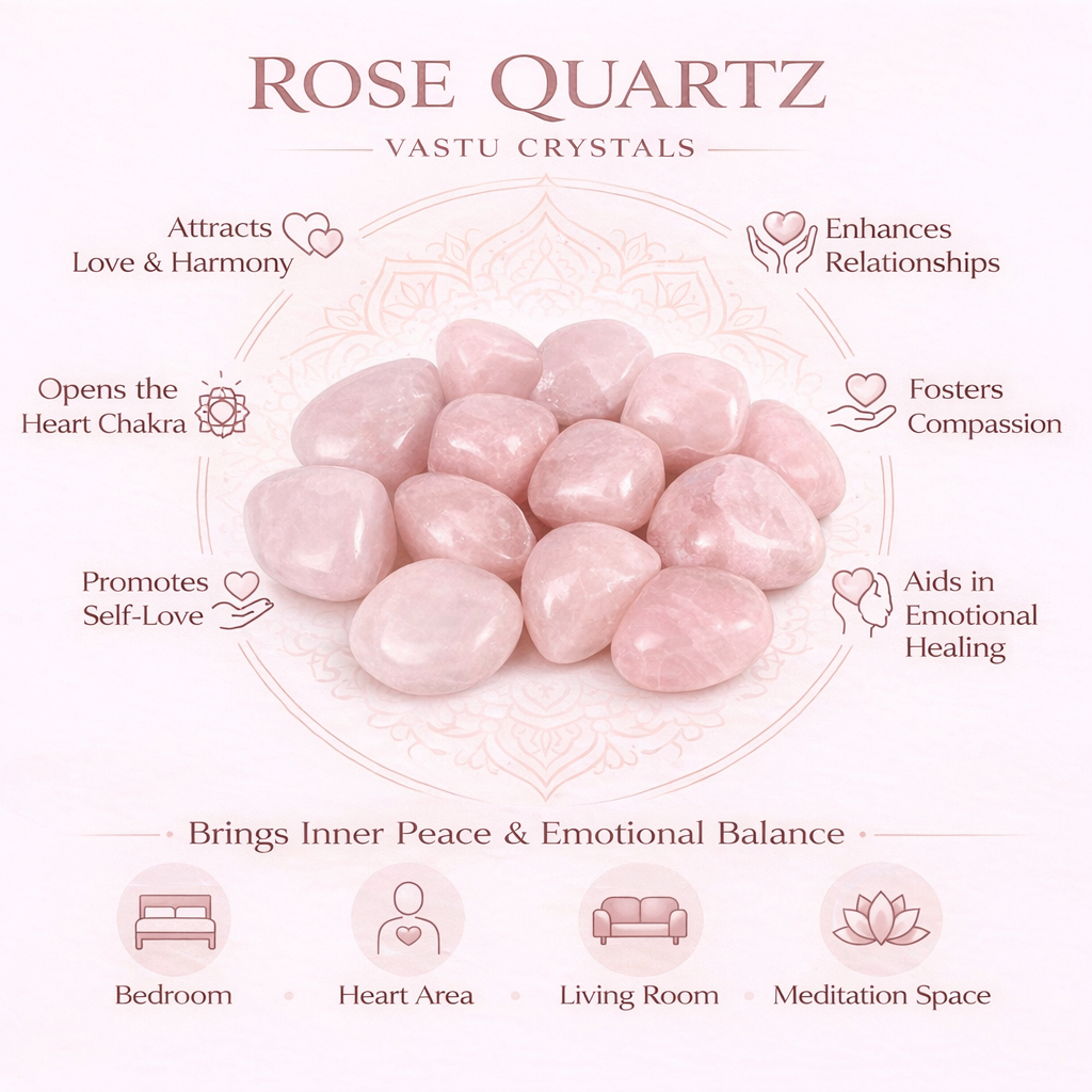 Rose quartz tumbled stones infographic listing visible product features and suggested placement