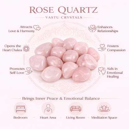 Rose quartz tumbled stones infographic listing visible product features and suggested placement