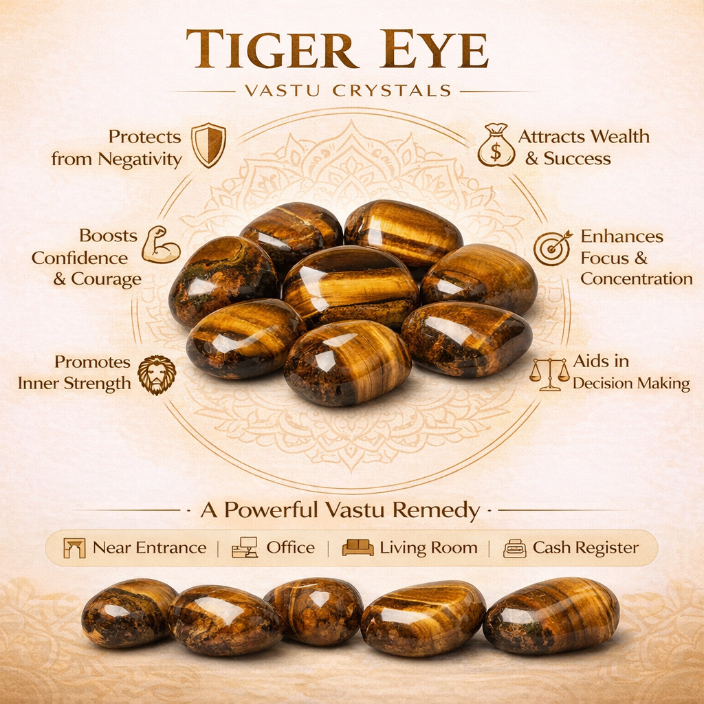 Tiger eye tumbled stones infographic listing visible product features and suggested placement
