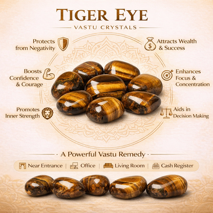 Tiger eye tumbled stones infographic listing visible product features and suggested placement