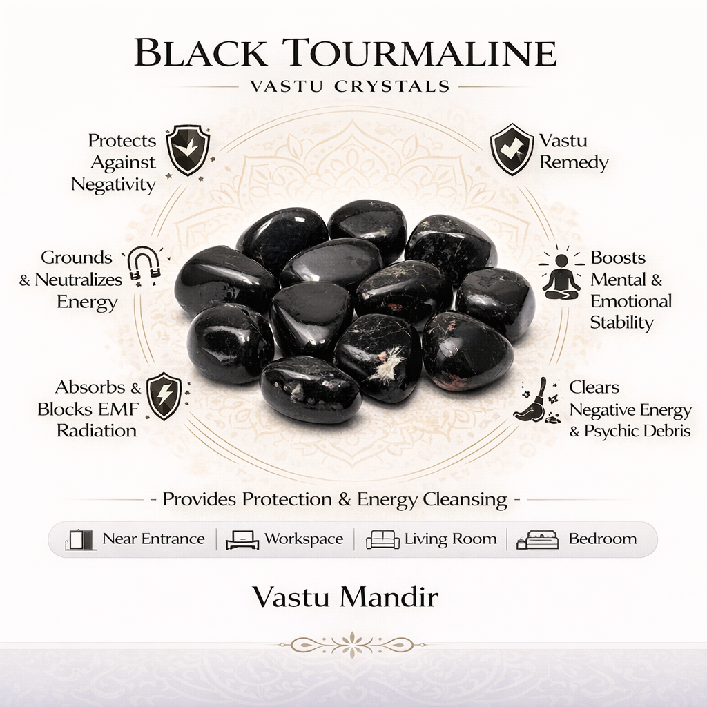 Black tourmaline infographic listing visible product features and suggested placement