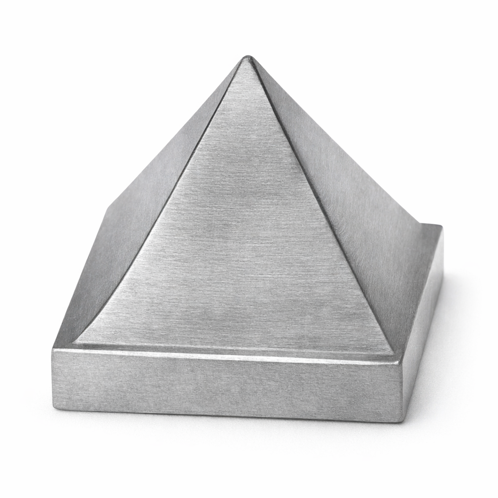 Solid zinc Vastu pyramid isolated in front angled view on white background