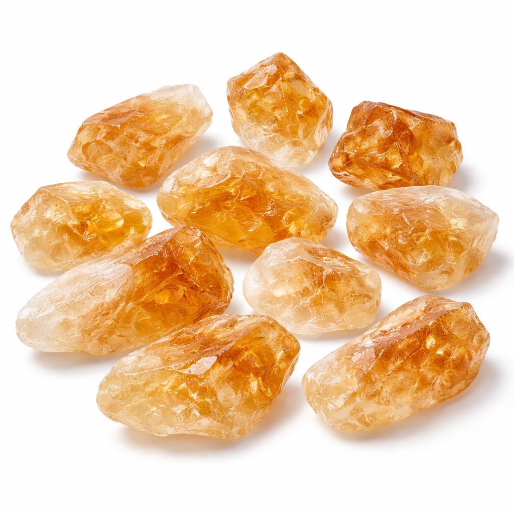 Pile of translucent golden raw citrine stones isolated on a clean white background