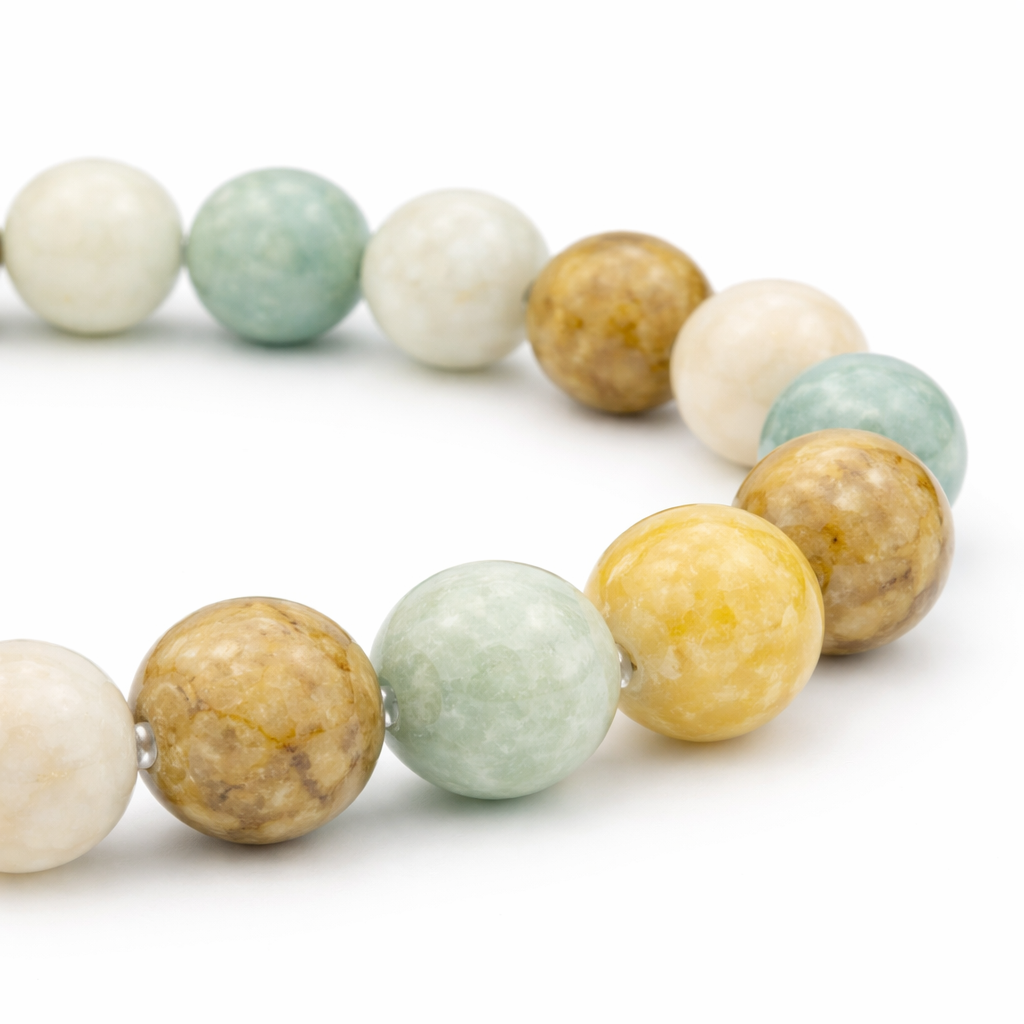 Close-up of a natural Amazonite Mixed Crystal Bracelet on a white background