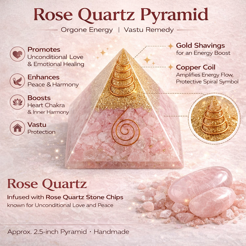 Rose Quartz Orgonite Pyramid, rose quartz crystal – side profile showing the pyramid height and slope