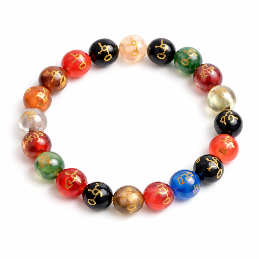 Om mani padme crystal bracelet showing the bead colour and surface on white