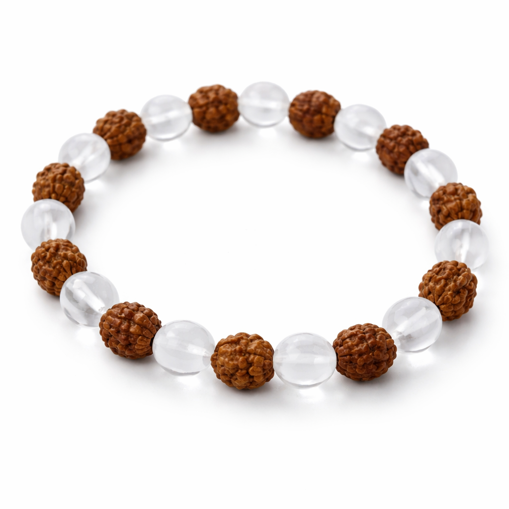 Rudraksha clear quartz crystal bracelet showing the bead colour and surface on white