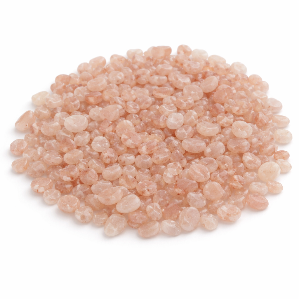 Rose Quartz crystal chips on a white background
