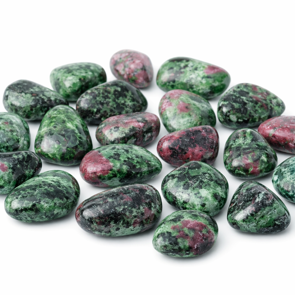 Ruby zoisite tumbled stones in a close-up view against a clean white background