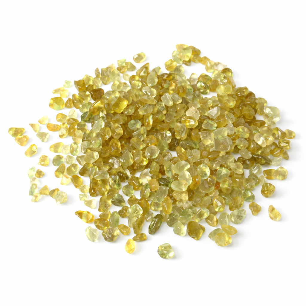 Pile of translucent yellow sapphire chips isolated on a clean white background