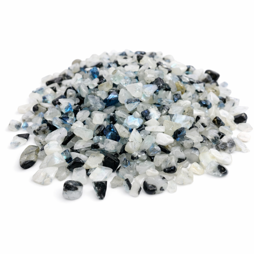 Rainbow Moonstone Crystal Chips on a white background
