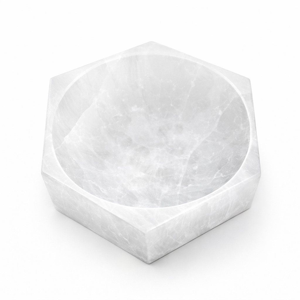 Hexagon selenite charging bowl on a clean white background