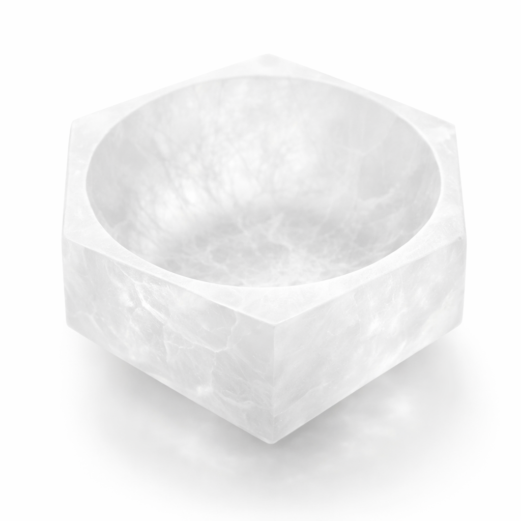 Hexagon selenite charging bowl in a close product view on white