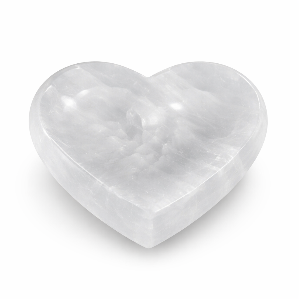Heart Shaped Selenite Charging Bowl on a white background