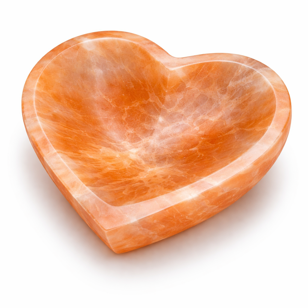 Orange heart selenite charging bowl in a close-up view against a clean white background