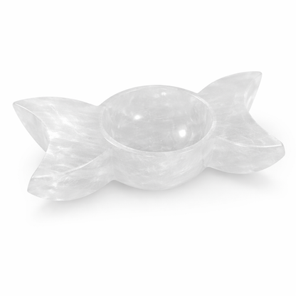Triple moon selenite charging bowl in a close product view on white