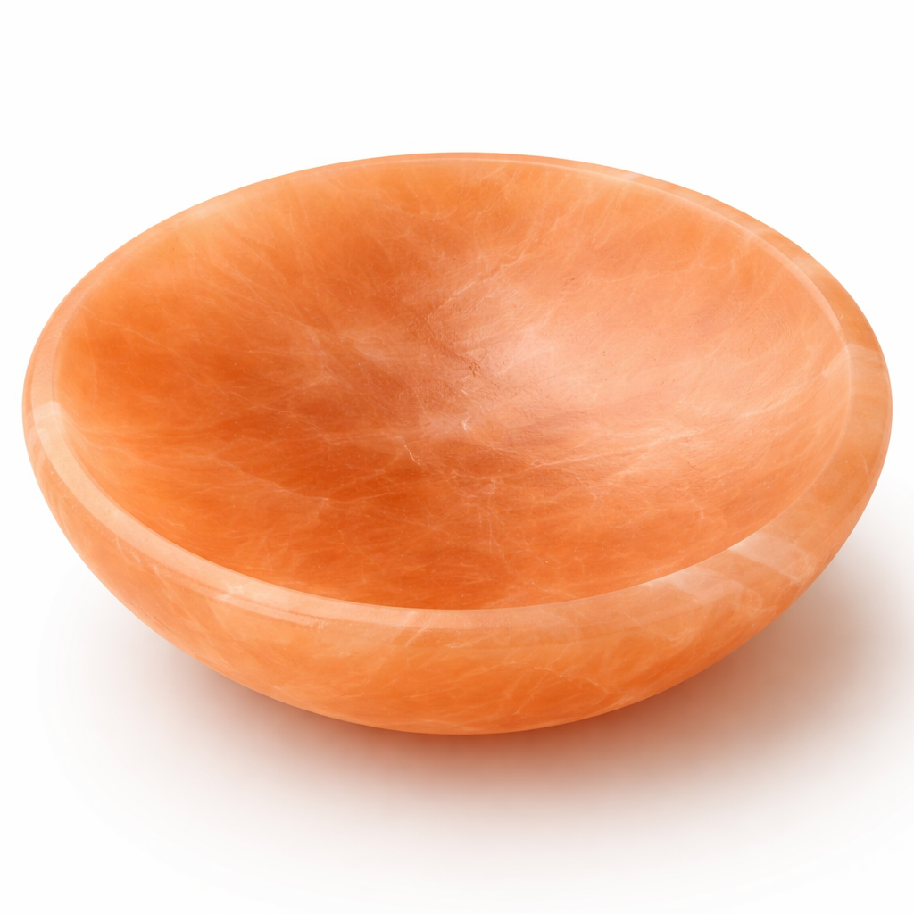 Orange round selenite charging bowl displayed in a softly lit product setting