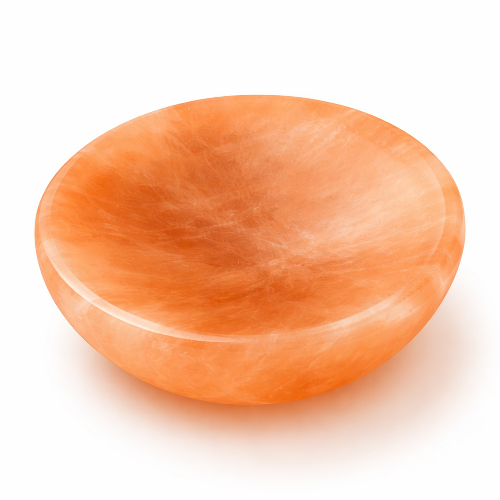 Orange round selenite charging bowl in a close product view on white
