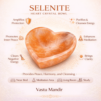 Orange heart selenite charging bowl infographic summarising visible product features