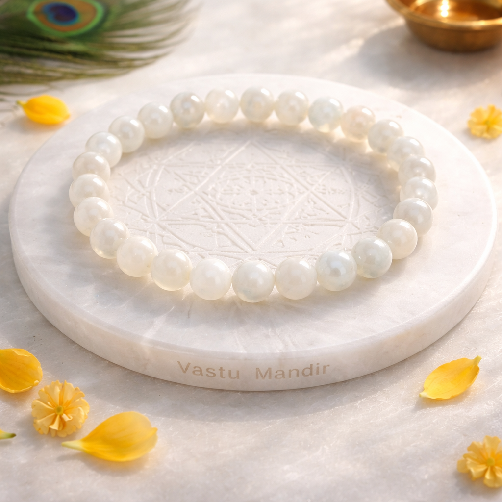 Natural white moonstone crystal bracelet presented with a hand for visual scale