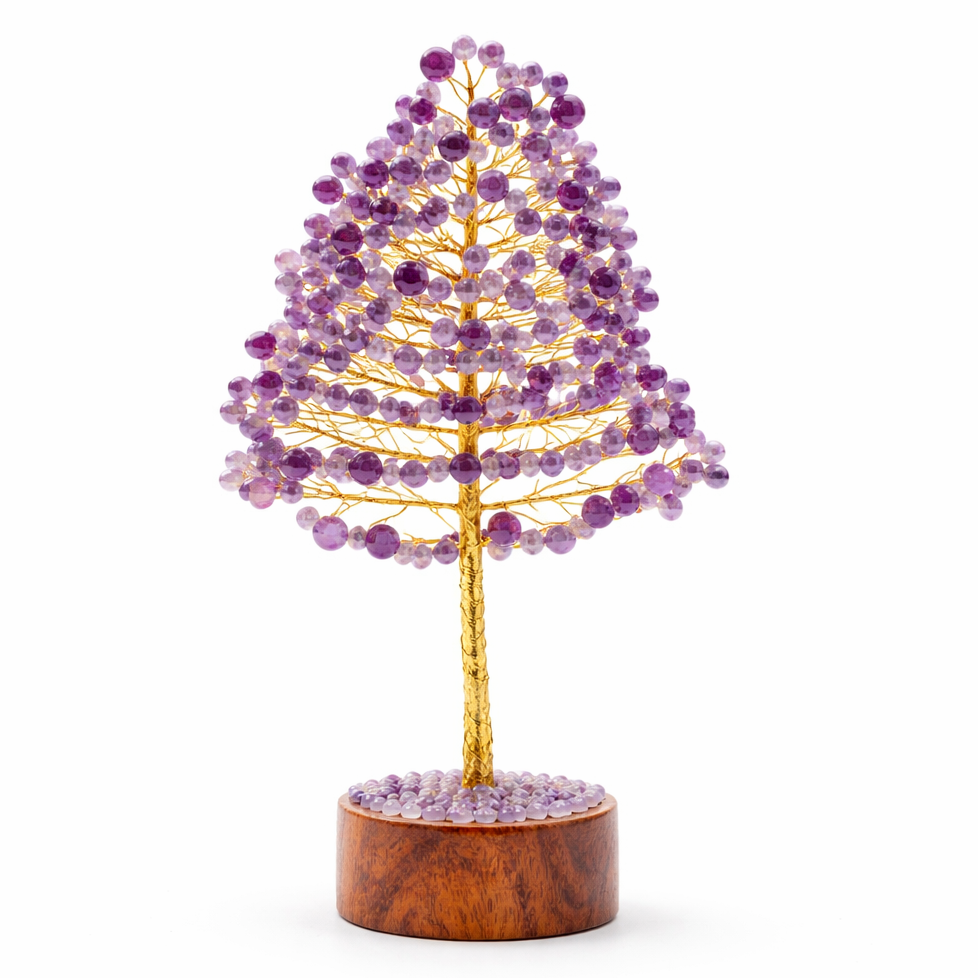 Decorative tree made of purple beads on a wooden base with a white background