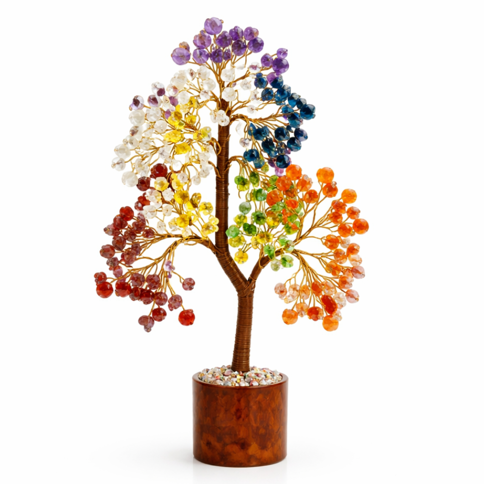 7 chakra crystal tree on a clean white background