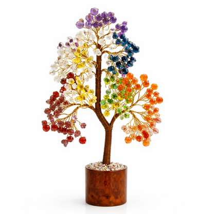 7 chakra crystal tree on a clean white background