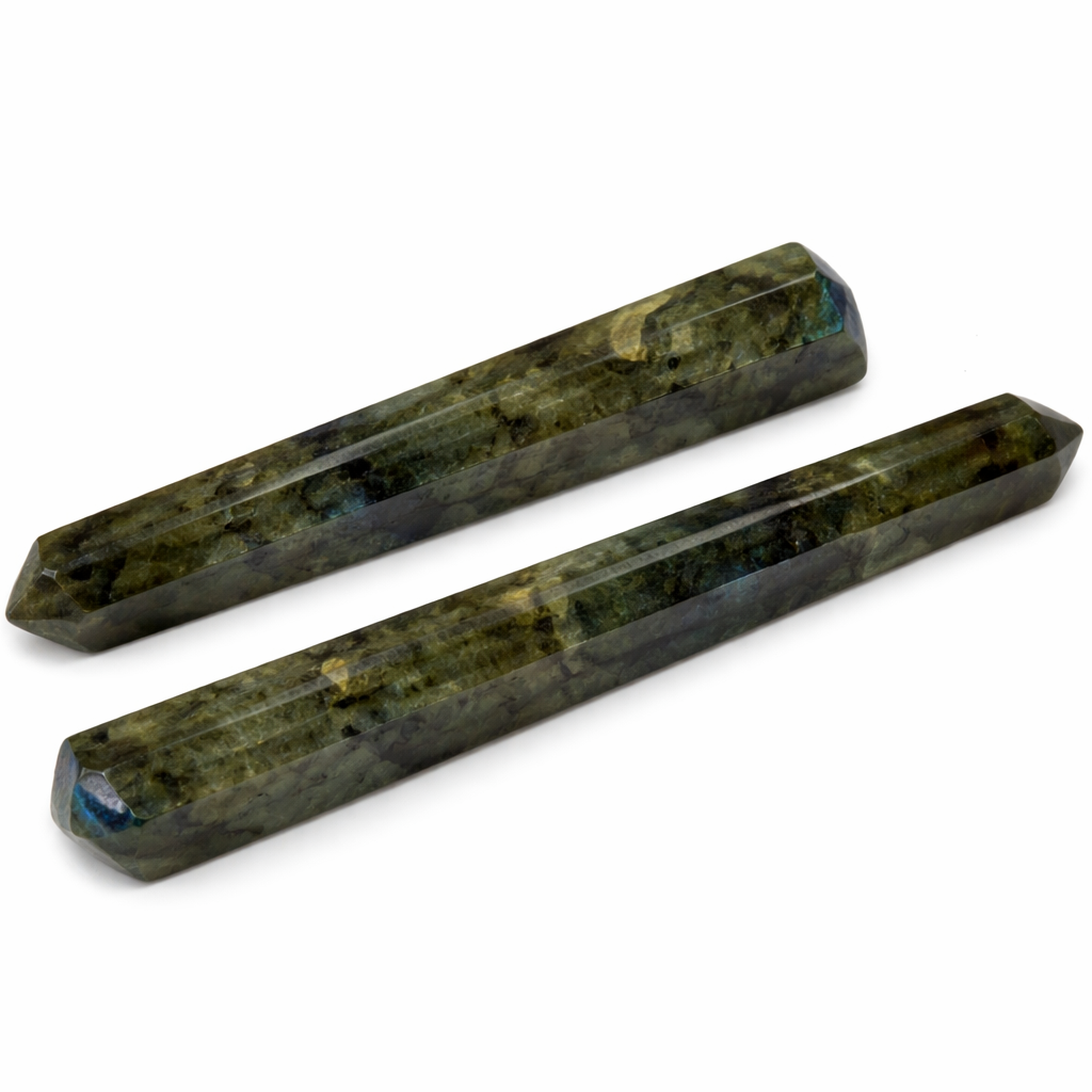 Labradorite crystal pencil in a close product view on white