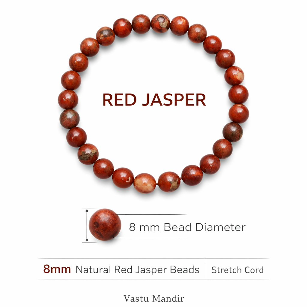Natural red jasper crystal bracelet infographic summarising visible product features