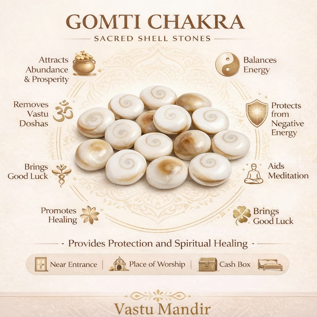 Gomti Chakra sacred shell stones with their benefits on a beige background