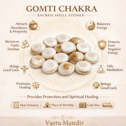 Gomti Chakra sacred shell stones with their benefits on a beige background