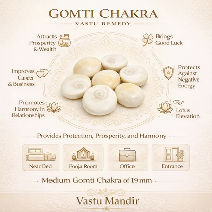 Gomti Chakra Vastu Remedy with benefits and usage instructions on a beige background