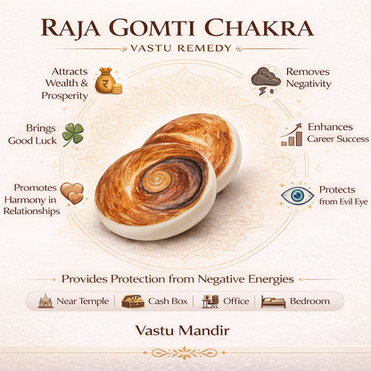 Raja Gomti Chakra Vastu Remedy with benefits listed on a white background