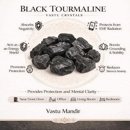 Black tourmaline infographic listing visible stone features and suggested placement