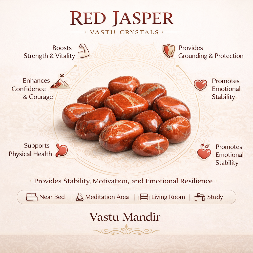 Red jasper tumbled stones infographic listing visible product features and suggested placement