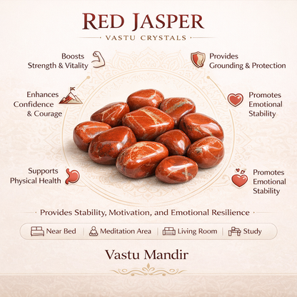 Red jasper tumbled stones infographic listing visible product features and suggested placement