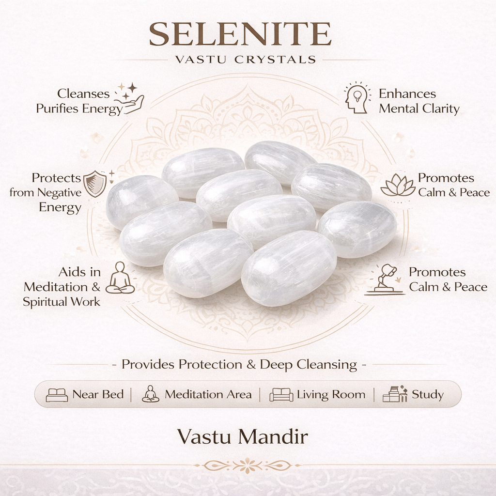 Selenite healing stones infographic listing visible product features and suggested placement
