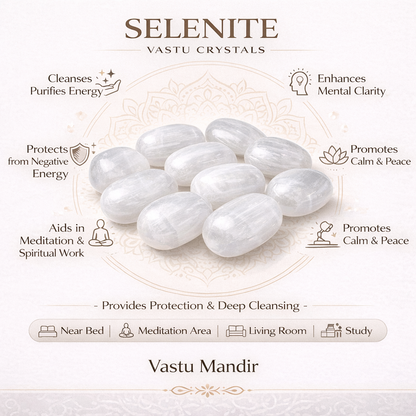 Selenite healing stones infographic listing visible product features and suggested placement