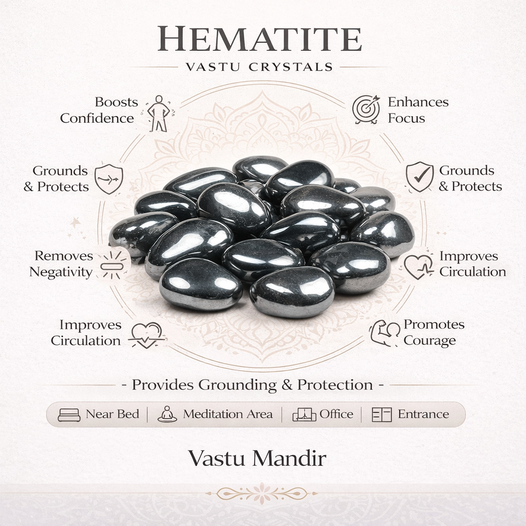 Hematite tumbled stones infographic listing visible product features and suggested placement