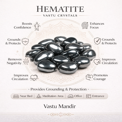 Hematite tumbled stones infographic listing visible product features and suggested placement