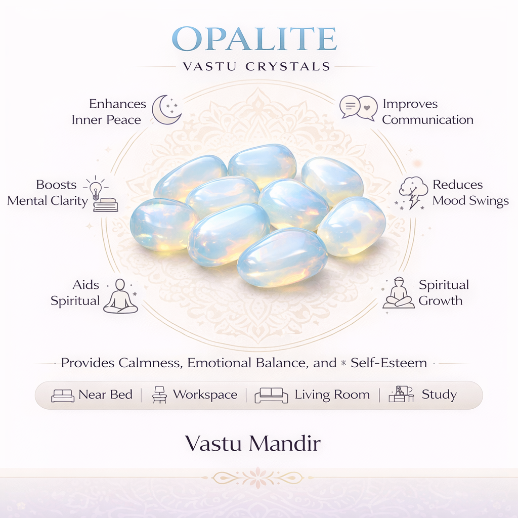 Opalite tumbled stones infographic listing visible product features and suggested placement