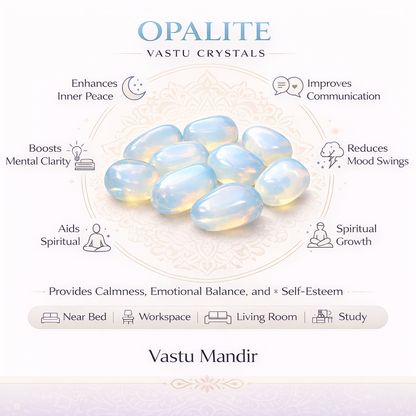 Opalite tumbled stones infographic listing visible product features and suggested placement