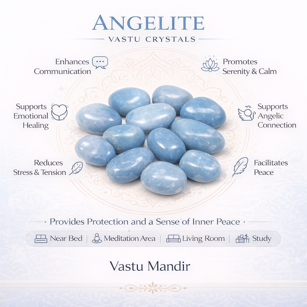Natural angelite tumbled stones shown in a close styled product view